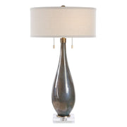 Uttermost 30518 Cardoni Smoke Gray Glass Table Lamp with Brushed Brass Accents and White Linen Drum Shade, 32