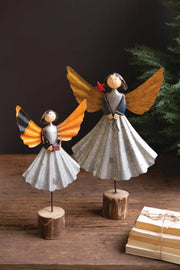 Set of Two Recycled Metal Angels Decorative Sculptures Wooden Bases Brand