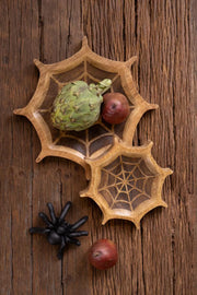 Set of Two Mango Wood Spider Web Bowls 12 in Carved Halloween Home Decor Brand