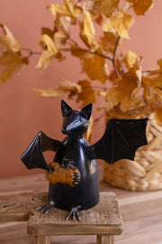 Recycled Metal Bat Holding Pumpkin 10 in Seasonal Halloween Decor Accent Brand