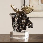 Uttermost 18187 Majestic Moose Bust Bronze Sculpture with Gold Antlers on Crystal Base – 12