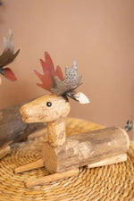 Set of 2 Sitting Deer Figures 14.5 in Metal and Wood Accent For Home Brand