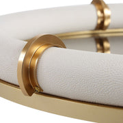 Uttermost 18229 Cyprus White Faux Shagreen Leather Oval Tray with Brass Accents & Mirrored Base – 24
