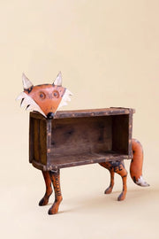 Fox Figure 19 in Recycled Metal With Wooden Brick Mold Decorative Accent Brand