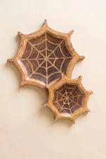 Set of 2 Halloween Spider Web Bowls 12 in Hand Carved Mango Wood Design Brand