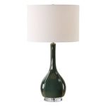 Uttermost 30395-1 Essex Green Glass Table Lamp with Crystal Foot and White Linen Shade