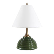 Dark Green Ceramic Lamp with Brass Details and Linen Shade