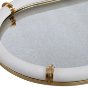 Uttermost 18229 Cyprus White Faux Shagreen Leather Oval Tray with Brass Accents & Mirrored Base – 24