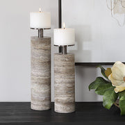 Uttermost 18186 Shadowstone Candleholders Set of 2 Gray Travertine with Dark Bronze Candle Cups