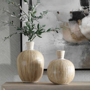 Uttermost 17990 Islander White Washed Terra Cotta and Bamboo Vases, Set of 2 with Hand-Applied Stripe Motif