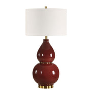 Gourd Accent Lamp – Burgundy Ceramic With Brass Accents – 30.5