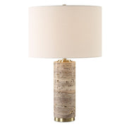 Uttermost 30403 Ortado Travertine Table Lamp with Antique Brass Accents and White Linen Shade