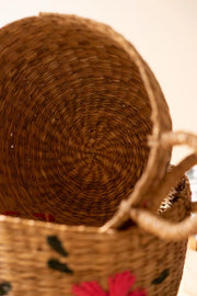 Set of 3 Woven Seagrass Baskets With Stitched Floral Designs 14