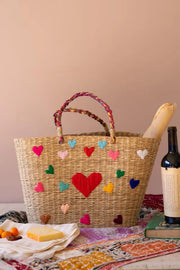 Woven Seagrass Basket With Stitched Heart Details 19