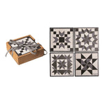 Quilt Squares Ceramic Coaster Set of 4 with Holder – 4.5"– Black by Manual Woodworkers