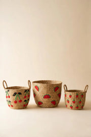 Woven Seagrass Fruit Baskets Set of 3 With Stitched Designs 14