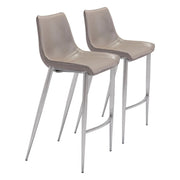 Zuo Magnus  Barstool Set of 2 – Brown Faux Leather Seat, Silver Stainless Steel Frame, 43.3