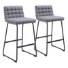 Zuo Modern Pago 39” Gray Upholstered Barstool Set of 2, Polyester Seat with Black Steel Frame, Modern Home Bar Seating
