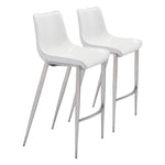 Zuo Modern  Magnus Barstool Set of 2, 43" White Faux Leather Seat with Silver Stainless Steel Frame, Modern Style