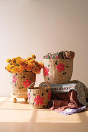 Set of 3 Woven Seagrass Baskets With Stitched Floral Designs 14