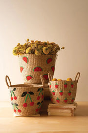 Woven Seagrass Fruit Baskets Set of 3 With Stitched Designs 14