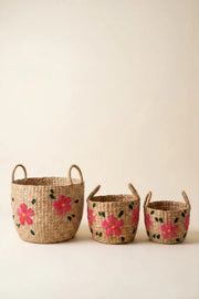 Set of 3 Woven Seagrass Baskets With Stitched Floral Designs 14