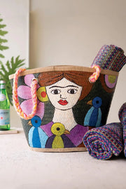 Hand-Painted Seagrass Tote With Portrait And Blue Bird Design 20