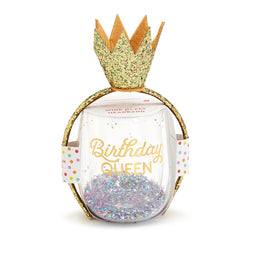 Double Wall Birthday Queen Glass With Multicolor Glitter and Gold Crown Headband by [Brand Name]