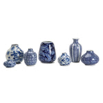 Mixed Size Stoneware Vase Set of 7 - Blue and White Painted Design