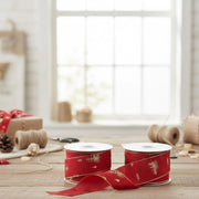 Festive Pine Tree Wired Ribbon for Wreaths and Bows – Red Set of 2