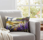 Meadowbrook White Barn with Purple Flowers 18x13 Inch Climaweave Pillow by Manual Woodworkers