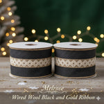 Christmas Wired Wool Ribbon – Black and Gold 0.25" Height Holiday Craft and Gift Wrap Set of 2 by Melrose
