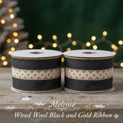 Christmas Decorative Ribbon Set – Black and Gold Wool Wired