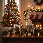 Christmas Deer Statue Set – Aluminum Metallic Silver Design 32.5" Indoor Decor by Melrose