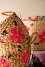 Set of 3 Woven Seagrass Baskets With Stitched Floral Designs 14