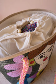 Hand-Painted Seagrass Tote With Portrait And Blue Bird Design 20