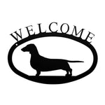 Dachshund Welcome Wall Sign – 11.38" Wide Rustic Metal Plaque, Small Dog Lover Entryway Welcome Sign by Village Wrought Iron Inc.