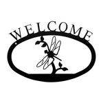 Dragonfly Welcome Wall Sign – 11.38" Wide Rustic Metal Plaque, Small Nature Entryway Welcome Sign by Village Wrought Iron Inc.