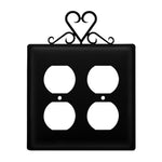 Double Heart Double Outlet Cover – 6" H Black Wrought Iron Wall Plate, Electrical Receptacle Cover by Village Wrought Iron Inc.