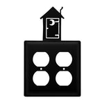 Double Outhouse Double Outlet Cover – 7 1/4" H Black Wrought Iron Wall Plate, Rustic Silhouette By Village Wrought Iron Inc.