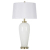 Benzara Fabric Shade Table Lamp with Grooved Glass Support and Round Base, White