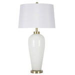 Benzara Fabric Shade Table Lamp with Grooved Glass Support and Round Base, White