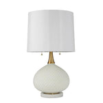 Benzara 27 Inch Glass Table Lamp with Round Base and Carved Diamond Pattern, White