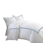 Benzara Larvik 3 Piece Cotton Queen Duvet Set with Satin Band, Blue and White