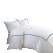 Benzara Larvik 3 Piece Cotton Queen Duvet Set with Satin Band, Blue and White