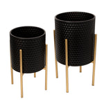 Sagebrook Home 12629-11 14" Honeycomb Planter On Metal Stand, Black/Gold, Set of 2