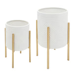 Sagebrook Home 12629-12 Set of 2 Aztec Planter On Metal Stand, White/Gold