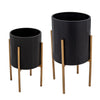 Sagebrook Home 12629-15 14" Planter with Lines On Metal Stand, Black/Gold, Set of 2