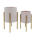 Sagebrook Home Set of 2 Textured Planter On Metal Stand, Pink/Gold