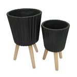Sagebrook Home 15020-02 10"/12" Ridged Planter with Wood Legs, Black, Set of 2